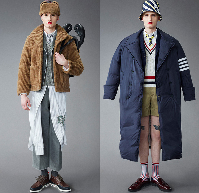 Thom Browne 2022 Pre-Fall Autumn Mens Lookbook Presentation - Lashes Pompoms Knit Cap Mandress Manskirt Kilt Accordion Pleats Coat Parka Blazer Necktie Vest Sleeveless Tabard Long Sleeve Shirt Wool Turtleneck Sweater Stripes Wallpaper Flowers Floral Garden Plants Embroidery Jacquard Brocade Plaid Check Patchwork Quilted Puffer Suit Bomber Varsity Jacket Corduroy Mittens Claws Shorts Lobster Bag Brogues Boots Backpack Loafers Wedge Platforms Bucket Hat