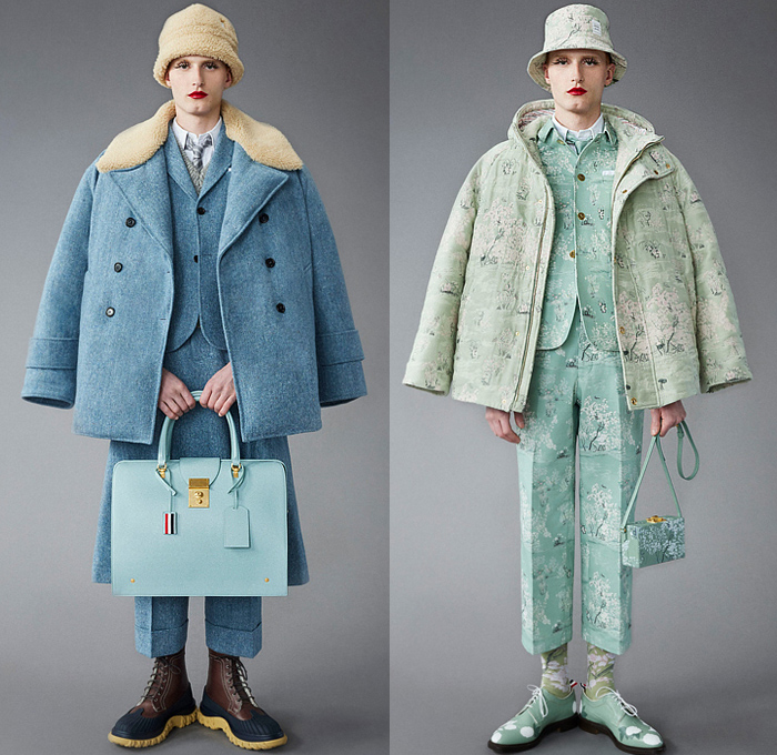 Thom Browne 2022 Pre-Fall Autumn Mens Lookbook Presentation - Lashes Pompoms Knit Cap Mandress Manskirt Kilt Accordion Pleats Coat Parka Blazer Necktie Vest Sleeveless Tabard Long Sleeve Shirt Wool Turtleneck Sweater Stripes Wallpaper Flowers Floral Garden Plants Embroidery Jacquard Brocade Plaid Check Patchwork Quilted Puffer Suit Bomber Varsity Jacket Corduroy Mittens Claws Shorts Lobster Bag Brogues Boots Backpack Loafers Wedge Platforms Bucket Hat