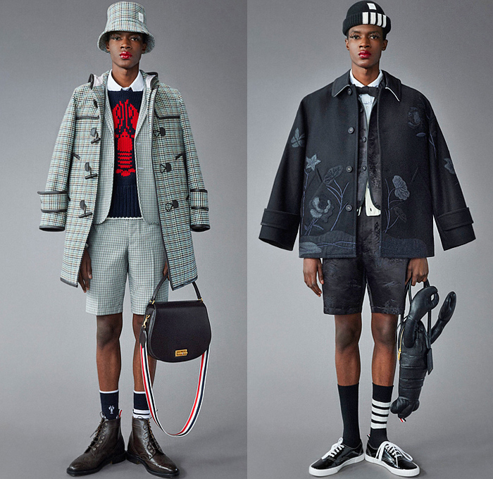 Thom Browne 2022 Pre-Fall Autumn Mens Lookbook Presentation - Lashes Pompoms Knit Cap Mandress Manskirt Kilt Accordion Pleats Coat Parka Blazer Necktie Vest Sleeveless Tabard Long Sleeve Shirt Wool Turtleneck Sweater Stripes Wallpaper Flowers Floral Garden Plants Embroidery Jacquard Brocade Plaid Check Patchwork Quilted Puffer Suit Bomber Varsity Jacket Corduroy Mittens Claws Shorts Lobster Bag Brogues Boots Backpack Loafers Wedge Platforms Bucket Hat