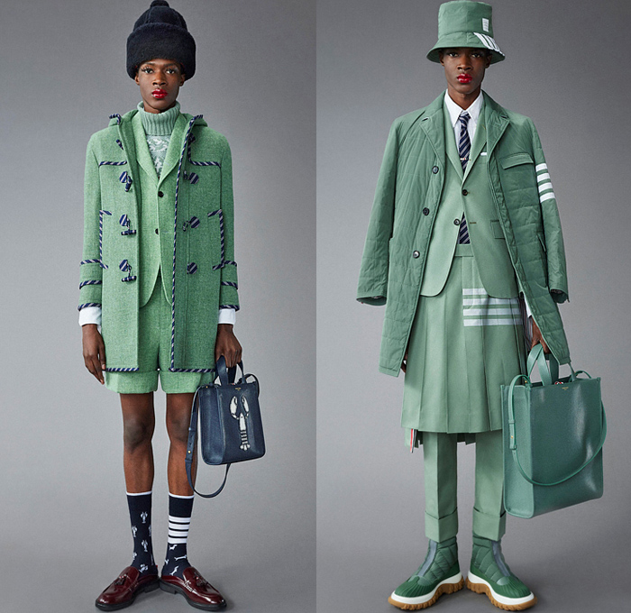 Thom Browne 2022 Pre-Fall Autumn Mens Lookbook Presentation - Lashes Pompoms Knit Cap Mandress Manskirt Kilt Accordion Pleats Coat Parka Blazer Necktie Vest Sleeveless Tabard Long Sleeve Shirt Wool Turtleneck Sweater Stripes Wallpaper Flowers Floral Garden Plants Embroidery Jacquard Brocade Plaid Check Patchwork Quilted Puffer Suit Bomber Varsity Jacket Corduroy Mittens Claws Shorts Lobster Bag Brogues Boots Backpack Loafers Wedge Platforms Bucket Hat