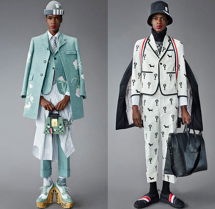 Thom Browne 2022 Pre-Fall Autumn Mens Lookbook Presentation - Lashes Pompoms Knit Cap Mandress Manskirt Kilt Accordion Pleats Coat Parka Blazer Necktie Vest Sleeveless Tabard Long Sleeve Shirt Wool Turtleneck Sweater Stripes Wallpaper Flowers Floral Garden Plants Embroidery Jacquard Brocade Plaid Check Patchwork Quilted Puffer Suit Bomber Varsity Jacket Corduroy Mittens Claws Shorts Lobster Bag Brogues Boots Backpack Loafers Wedge Platforms Bucket Hat