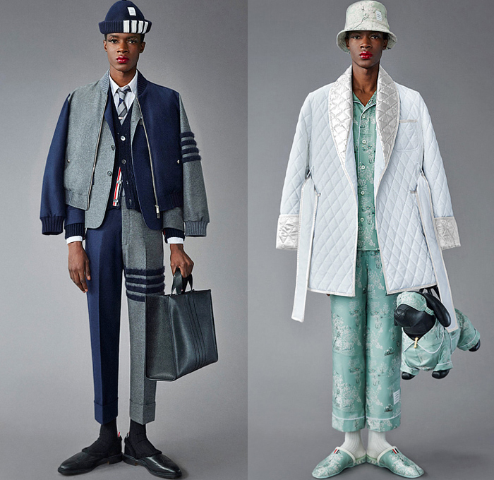 Thom Browne 2022 Pre-Fall Autumn Mens Lookbook Presentation - Lashes Pompoms Knit Cap Mandress Manskirt Kilt Accordion Pleats Coat Parka Blazer Necktie Vest Sleeveless Tabard Long Sleeve Shirt Wool Turtleneck Sweater Stripes Wallpaper Flowers Floral Garden Plants Embroidery Jacquard Brocade Plaid Check Patchwork Quilted Puffer Suit Bomber Varsity Jacket Corduroy Mittens Claws Shorts Lobster Bag Brogues Boots Backpack Loafers Wedge Platforms Bucket Hat