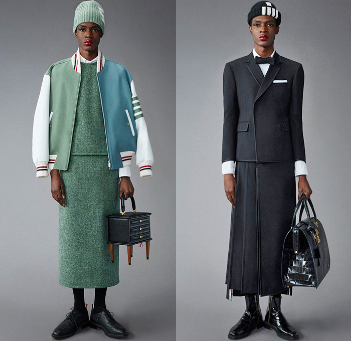 Thom Browne 2022 Pre-Fall Autumn Mens Lookbook Presentation - Lashes Pompoms Knit Cap Mandress Manskirt Kilt Accordion Pleats Coat Parka Blazer Necktie Vest Sleeveless Tabard Long Sleeve Shirt Wool Turtleneck Sweater Stripes Wallpaper Flowers Floral Garden Plants Embroidery Jacquard Brocade Plaid Check Patchwork Quilted Puffer Suit Bomber Varsity Jacket Corduroy Mittens Claws Shorts Lobster Bag Brogues Boots Backpack Loafers Wedge Platforms Bucket Hat