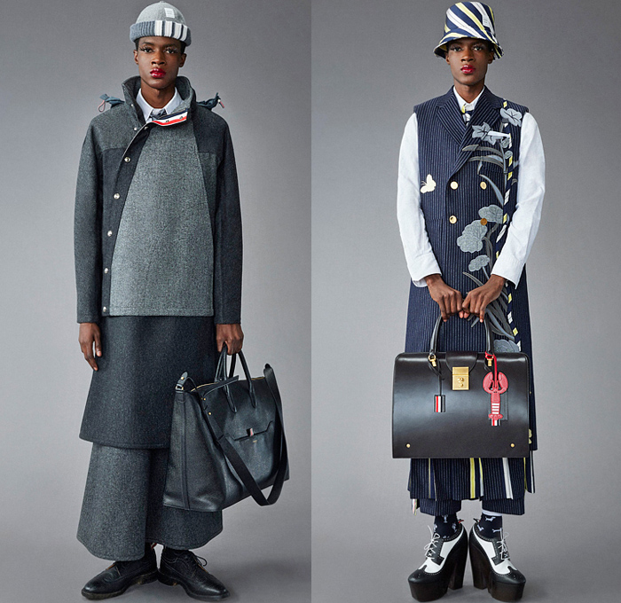 Thom Browne 2022 Pre-Fall Autumn Mens Lookbook Presentation - Lashes Pompoms Knit Cap Mandress Manskirt Kilt Accordion Pleats Coat Parka Blazer Necktie Vest Sleeveless Tabard Long Sleeve Shirt Wool Turtleneck Sweater Stripes Wallpaper Flowers Floral Garden Plants Embroidery Jacquard Brocade Plaid Check Patchwork Quilted Puffer Suit Bomber Varsity Jacket Corduroy Mittens Claws Shorts Lobster Bag Brogues Boots Backpack Loafers Wedge Platforms Bucket Hat