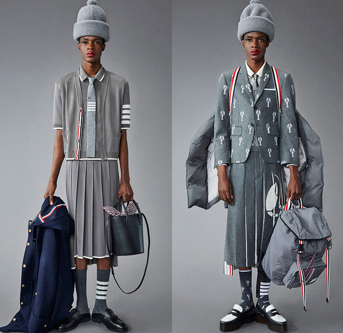 Thom Browne 2022 Pre-Fall Autumn Mens Lookbook Presentation - Lashes Pompoms Knit Cap Mandress Manskirt Kilt Accordion Pleats Coat Parka Blazer Necktie Vest Sleeveless Tabard Long Sleeve Shirt Wool Turtleneck Sweater Stripes Wallpaper Flowers Floral Garden Plants Embroidery Jacquard Brocade Plaid Check Patchwork Quilted Puffer Suit Bomber Varsity Jacket Corduroy Mittens Claws Shorts Lobster Bag Brogues Boots Backpack Loafers Wedge Platforms Bucket Hat