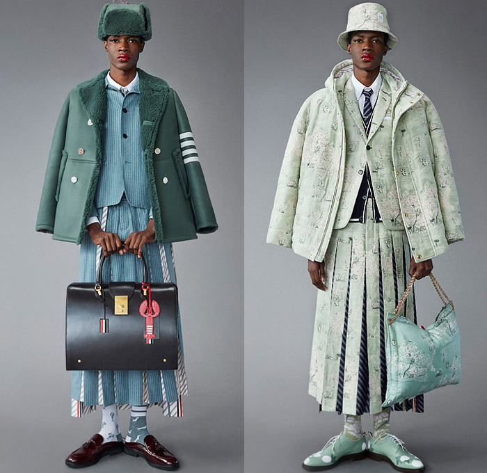 Thom Browne 2022 Pre-Fall Autumn Mens Lookbook Presentation - Lashes Pompoms Knit Cap Mandress Manskirt Kilt Accordion Pleats Coat Parka Blazer Necktie Vest Sleeveless Tabard Long Sleeve Shirt Wool Turtleneck Sweater Stripes Wallpaper Flowers Floral Garden Plants Embroidery Jacquard Brocade Plaid Check Patchwork Quilted Puffer Suit Bomber Varsity Jacket Corduroy Mittens Claws Shorts Lobster Bag Brogues Boots Backpack Loafers Wedge Platforms Bucket Hat