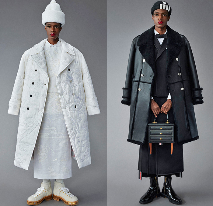 Thom Browne 2022 Pre-Fall Autumn Mens Lookbook Presentation - Lashes Pompoms Knit Cap Mandress Manskirt Kilt Accordion Pleats Coat Parka Blazer Necktie Vest Sleeveless Tabard Long Sleeve Shirt Wool Turtleneck Sweater Stripes Wallpaper Flowers Floral Garden Plants Embroidery Jacquard Brocade Plaid Check Patchwork Quilted Puffer Suit Bomber Varsity Jacket Corduroy Mittens Claws Shorts Lobster Bag Brogues Boots Backpack Loafers Wedge Platforms Bucket Hat