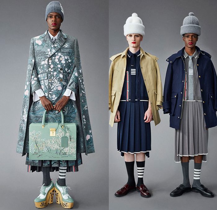 Thom Browne 2022 Pre-Fall Autumn Mens Lookbook Presentation - Lashes Pompoms Knit Cap Mandress Manskirt Kilt Accordion Pleats Coat Parka Blazer Necktie Vest Sleeveless Tabard Long Sleeve Shirt Wool Turtleneck Sweater Stripes Wallpaper Flowers Floral Garden Plants Embroidery Jacquard Brocade Plaid Check Patchwork Quilted Puffer Suit Bomber Varsity Jacket Corduroy Mittens Claws Shorts Lobster Bag Brogues Boots Backpack Loafers Wedge Platforms Bucket Hat