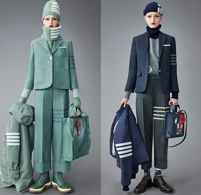 Thom Browne 2022 Pre-Fall Autumn Womens Lookbook Presentation - Eyelashes Wallpaper Landscape Flowers Floral Leaves Foliage Embroidery Knit Cap Bucket Hat Turtleneck Sweater Cardigan Blazer Jacket Pantsuit Wide Leg Cropped Quilted Puffer Trench Coat Parka Tweed Stripes Lobster Shearling Accordion Pleats Tights Pencil Skirt Patchwork Check Plaid Tabard One Shoulder Dress Scarf Duck Boots Brogues Loafers Wedge Dachshund Handbag Pillow Doctor's Bag