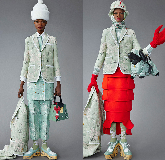 Thom Browne 2022 Pre-Fall Autumn Womens Lookbook Presentation - Eyelashes Wallpaper Landscape Flowers Floral Leaves Foliage Embroidery Knit Cap Bucket Hat Turtleneck Sweater Cardigan Blazer Jacket Pantsuit Wide Leg Cropped Quilted Puffer Trench Coat Parka Tweed Stripes Lobster Shearling Accordion Pleats Tights Pencil Skirt Patchwork Check Plaid Tabard One Shoulder Dress Scarf Duck Boots Brogues Loafers Wedge Dachshund Handbag Pillow Doctor's Bag