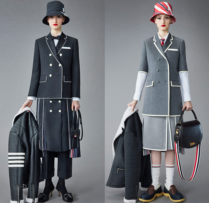 Thom Browne 2022 Pre-Fall Autumn Womens Lookbook Presentation - Eyelashes Wallpaper Landscape Flowers Floral Leaves Foliage Embroidery Knit Cap Bucket Hat Turtleneck Sweater Cardigan Blazer Jacket Pantsuit Wide Leg Cropped Quilted Puffer Trench Coat Parka Tweed Stripes Lobster Shearling Accordion Pleats Tights Pencil Skirt Patchwork Check Plaid Tabard One Shoulder Dress Scarf Duck Boots Brogues Loafers Wedge Dachshund Handbag Pillow Doctor's Bag