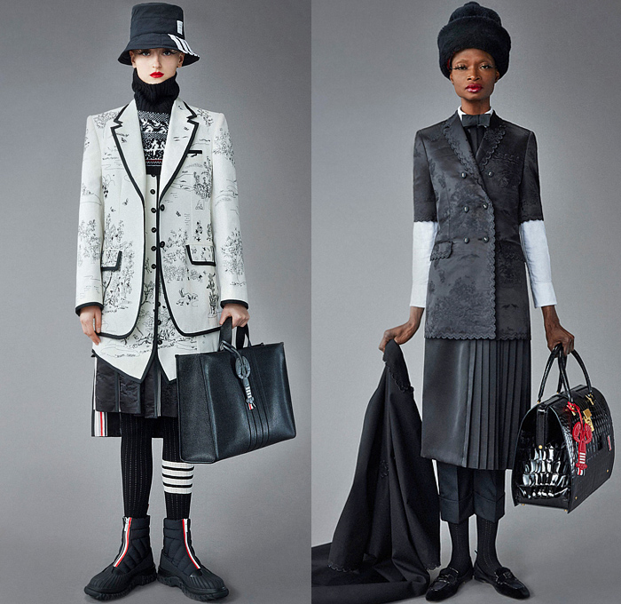 Thom Browne 2022 Pre-Fall Autumn Womens Lookbook Presentation - Eyelashes Wallpaper Landscape Flowers Floral Leaves Foliage Embroidery Knit Cap Bucket Hat Turtleneck Sweater Cardigan Blazer Jacket Pantsuit Wide Leg Cropped Quilted Puffer Trench Coat Parka Tweed Stripes Lobster Shearling Accordion Pleats Tights Pencil Skirt Patchwork Check Plaid Tabard One Shoulder Dress Scarf Duck Boots Brogues Loafers Wedge Dachshund Handbag Pillow Doctor's Bag