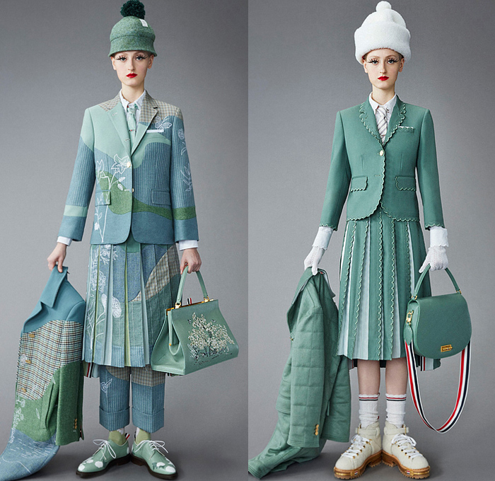 Thom Browne 2022 Pre-Fall Autumn Womens Lookbook Presentation - Eyelashes Wallpaper Landscape Flowers Floral Leaves Foliage Embroidery Knit Cap Bucket Hat Turtleneck Sweater Cardigan Blazer Jacket Pantsuit Wide Leg Cropped Quilted Puffer Trench Coat Parka Tweed Stripes Lobster Shearling Accordion Pleats Tights Pencil Skirt Patchwork Check Plaid Tabard One Shoulder Dress Scarf Duck Boots Brogues Loafers Wedge Dachshund Handbag Pillow Doctor's Bag