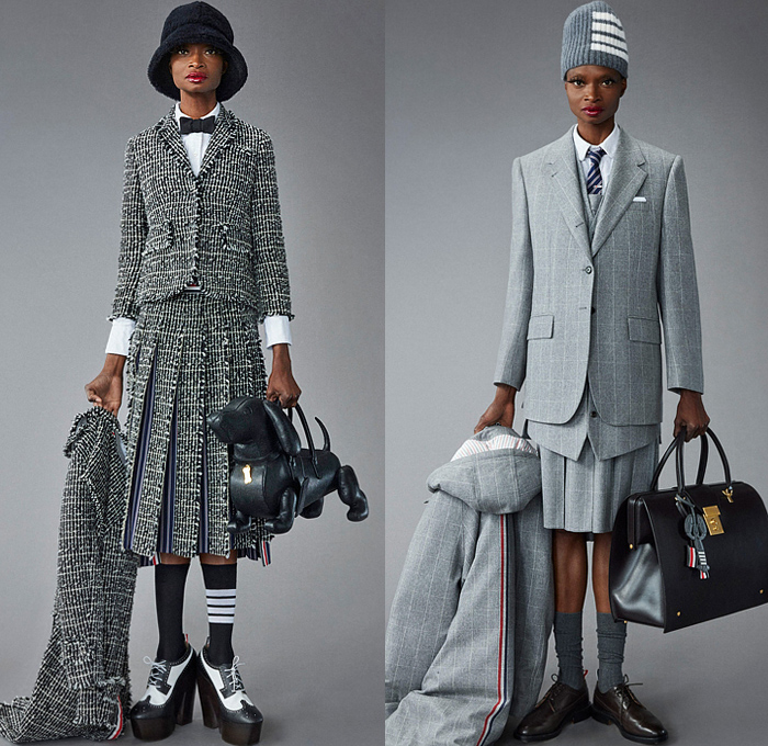 Thom Browne 2022 Pre-Fall Autumn Womens Lookbook Presentation - Eyelashes Wallpaper Landscape Flowers Floral Leaves Foliage Embroidery Knit Cap Bucket Hat Turtleneck Sweater Cardigan Blazer Jacket Pantsuit Wide Leg Cropped Quilted Puffer Trench Coat Parka Tweed Stripes Lobster Shearling Accordion Pleats Tights Pencil Skirt Patchwork Check Plaid Tabard One Shoulder Dress Scarf Duck Boots Brogues Loafers Wedge Dachshund Handbag Pillow Doctor's Bag