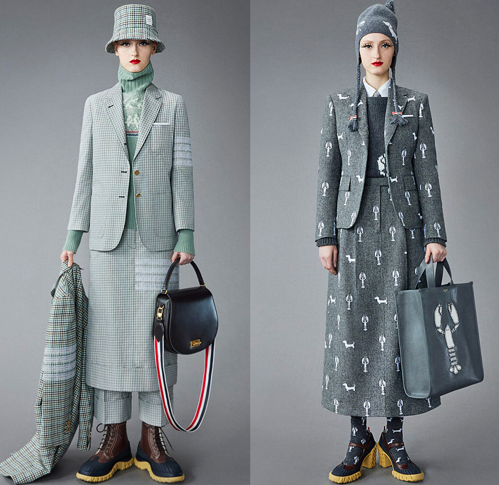 Thom Browne 2022 Pre-Fall Autumn Womens Lookbook Presentation - Eyelashes Wallpaper Landscape Flowers Floral Leaves Foliage Embroidery Knit Cap Bucket Hat Turtleneck Sweater Cardigan Blazer Jacket Pantsuit Wide Leg Cropped Quilted Puffer Trench Coat Parka Tweed Stripes Lobster Shearling Accordion Pleats Tights Pencil Skirt Patchwork Check Plaid Tabard One Shoulder Dress Scarf Duck Boots Brogues Loafers Wedge Dachshund Handbag Pillow Doctor's Bag