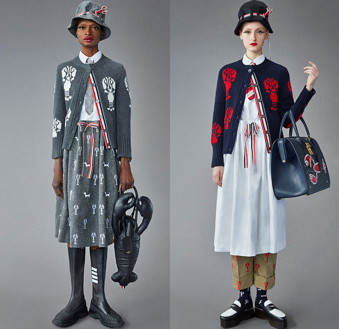 Thom Browne 2022 Pre-Fall Autumn Womens Lookbook Presentation - Eyelashes Wallpaper Landscape Flowers Floral Leaves Foliage Embroidery Knit Cap Bucket Hat Turtleneck Sweater Cardigan Blazer Jacket Pantsuit Wide Leg Cropped Quilted Puffer Trench Coat Parka Tweed Stripes Lobster Shearling Accordion Pleats Tights Pencil Skirt Patchwork Check Plaid Tabard One Shoulder Dress Scarf Duck Boots Brogues Loafers Wedge Dachshund Handbag Pillow Doctor's Bag