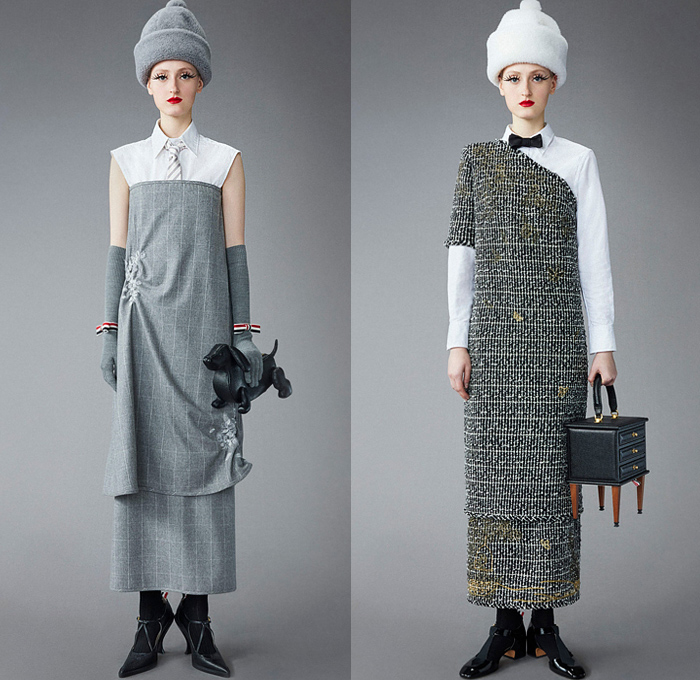 Thom Browne 2022 Pre-Fall Autumn Womens Lookbook Presentation - Eyelashes Wallpaper Landscape Flowers Floral Leaves Foliage Embroidery Knit Cap Bucket Hat Turtleneck Sweater Cardigan Blazer Jacket Pantsuit Wide Leg Cropped Quilted Puffer Trench Coat Parka Tweed Stripes Lobster Shearling Accordion Pleats Tights Pencil Skirt Patchwork Check Plaid Tabard One Shoulder Dress Scarf Duck Boots Brogues Loafers Wedge Dachshund Handbag Pillow Doctor's Bag