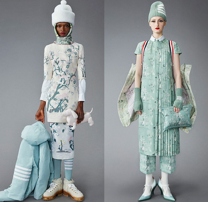 Thom Browne 2022 Pre-Fall Autumn Womens Lookbook Presentation - Eyelashes Wallpaper Landscape Flowers Floral Leaves Foliage Embroidery Knit Cap Bucket Hat Turtleneck Sweater Cardigan Blazer Jacket Pantsuit Wide Leg Cropped Quilted Puffer Trench Coat Parka Tweed Stripes Lobster Shearling Accordion Pleats Tights Pencil Skirt Patchwork Check Plaid Tabard One Shoulder Dress Scarf Duck Boots Brogues Loafers Wedge Dachshund Handbag Pillow Doctor's Bag