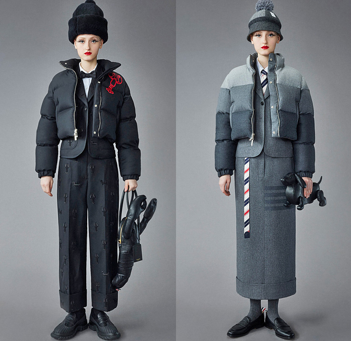 Thom Browne 2022 Pre-Fall Autumn Womens Lookbook Presentation - Eyelashes Wallpaper Landscape Flowers Floral Leaves Foliage Embroidery Knit Cap Bucket Hat Turtleneck Sweater Cardigan Blazer Jacket Pantsuit Wide Leg Cropped Quilted Puffer Trench Coat Parka Tweed Stripes Lobster Shearling Accordion Pleats Tights Pencil Skirt Patchwork Check Plaid Tabard One Shoulder Dress Scarf Duck Boots Brogues Loafers Wedge Dachshund Handbag Pillow Doctor's Bag