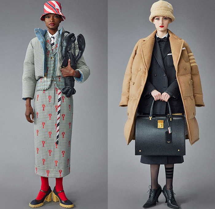 Thom Browne 2022 Pre-Fall Autumn Womens Lookbook Presentation - Eyelashes Wallpaper Landscape Flowers Floral Leaves Foliage Embroidery Knit Cap Bucket Hat Turtleneck Sweater Cardigan Blazer Jacket Pantsuit Wide Leg Cropped Quilted Puffer Trench Coat Parka Tweed Stripes Lobster Shearling Accordion Pleats Tights Pencil Skirt Patchwork Check Plaid Tabard One Shoulder Dress Scarf Duck Boots Brogues Loafers Wedge Dachshund Handbag Pillow Doctor's Bag