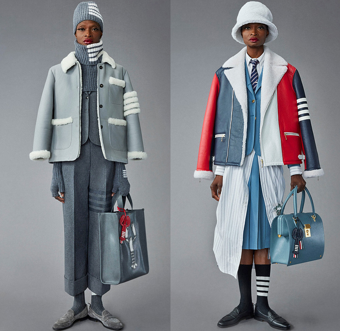 Thom Browne 2022 Pre-Fall Autumn Womens Lookbook Presentation - Eyelashes Wallpaper Landscape Flowers Floral Leaves Foliage Embroidery Knit Cap Bucket Hat Turtleneck Sweater Cardigan Blazer Jacket Pantsuit Wide Leg Cropped Quilted Puffer Trench Coat Parka Tweed Stripes Lobster Shearling Accordion Pleats Tights Pencil Skirt Patchwork Check Plaid Tabard One Shoulder Dress Scarf Duck Boots Brogues Loafers Wedge Dachshund Handbag Pillow Doctor's Bag