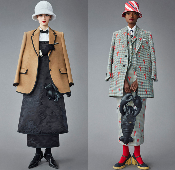 Thom Browne 2022 Pre-Fall Autumn Womens Lookbook Presentation - Eyelashes Wallpaper Landscape Flowers Floral Leaves Foliage Embroidery Knit Cap Bucket Hat Turtleneck Sweater Cardigan Blazer Jacket Pantsuit Wide Leg Cropped Quilted Puffer Trench Coat Parka Tweed Stripes Lobster Shearling Accordion Pleats Tights Pencil Skirt Patchwork Check Plaid Tabard One Shoulder Dress Scarf Duck Boots Brogues Loafers Wedge Dachshund Handbag Pillow Doctor's Bag