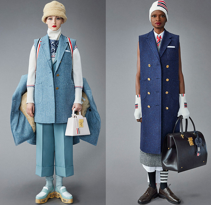 Thom Browne 2022 Pre-Fall Autumn Womens Lookbook Presentation - Eyelashes Wallpaper Landscape Flowers Floral Leaves Foliage Embroidery Knit Cap Bucket Hat Turtleneck Sweater Cardigan Blazer Jacket Pantsuit Wide Leg Cropped Quilted Puffer Trench Coat Parka Tweed Stripes Lobster Shearling Accordion Pleats Tights Pencil Skirt Patchwork Check Plaid Tabard One Shoulder Dress Scarf Duck Boots Brogues Loafers Wedge Dachshund Handbag Pillow Doctor's Bag