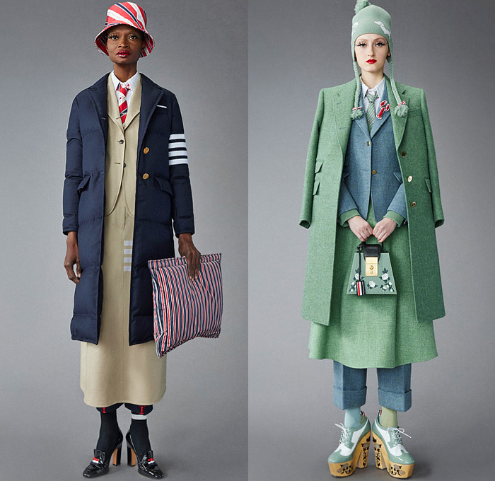 Thom Browne 2022 Pre-Fall Autumn Womens Lookbook Presentation - Eyelashes Wallpaper Landscape Flowers Floral Leaves Foliage Embroidery Knit Cap Bucket Hat Turtleneck Sweater Cardigan Blazer Jacket Pantsuit Wide Leg Cropped Quilted Puffer Trench Coat Parka Tweed Stripes Lobster Shearling Accordion Pleats Tights Pencil Skirt Patchwork Check Plaid Tabard One Shoulder Dress Scarf Duck Boots Brogues Loafers Wedge Dachshund Handbag Pillow Doctor's Bag