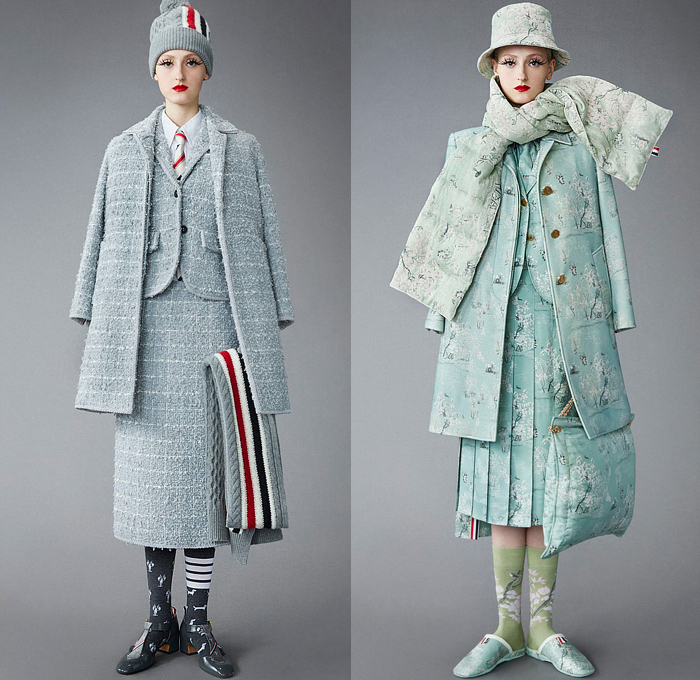 Thom Browne 2022 Pre-Fall Autumn Womens Lookbook Presentation - Eyelashes Wallpaper Landscape Flowers Floral Leaves Foliage Embroidery Knit Cap Bucket Hat Turtleneck Sweater Cardigan Blazer Jacket Pantsuit Wide Leg Cropped Quilted Puffer Trench Coat Parka Tweed Stripes Lobster Shearling Accordion Pleats Tights Pencil Skirt Patchwork Check Plaid Tabard One Shoulder Dress Scarf Duck Boots Brogues Loafers Wedge Dachshund Handbag Pillow Doctor's Bag