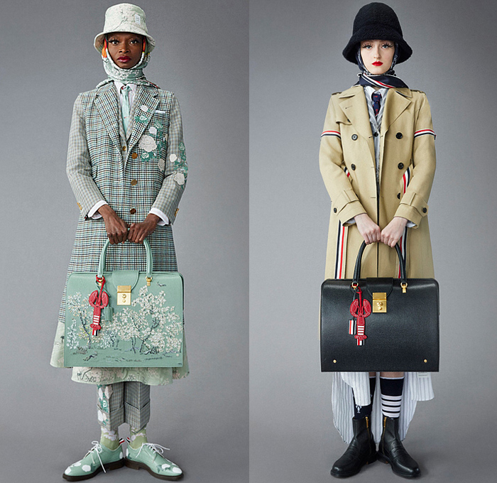 Thom Browne 2022 Pre-Fall Autumn Womens Lookbook Presentation - Eyelashes Wallpaper Landscape Flowers Floral Leaves Foliage Embroidery Knit Cap Bucket Hat Turtleneck Sweater Cardigan Blazer Jacket Pantsuit Wide Leg Cropped Quilted Puffer Trench Coat Parka Tweed Stripes Lobster Shearling Accordion Pleats Tights Pencil Skirt Patchwork Check Plaid Tabard One Shoulder Dress Scarf Duck Boots Brogues Loafers Wedge Dachshund Handbag Pillow Doctor's Bag