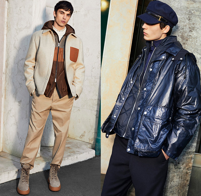 Tod's 2022 Pre-Fall Autumn Mens Lookbook Presentation - Denim Jeans Shirt Hoodie Anorak Motorcycle Biker Moto Jacket Gommino Studded Sole Elbow Patch Quilted Puffer Police Hat