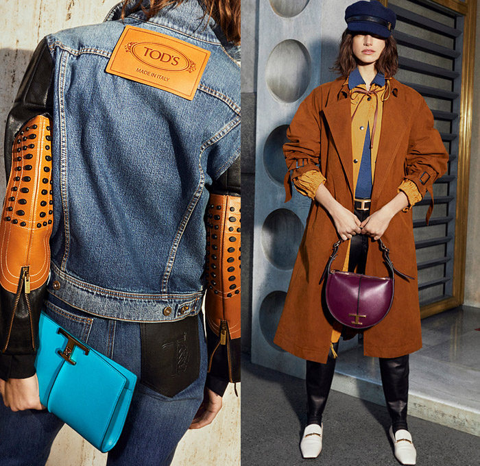 Tod's 2022 Pre-Fall Autumn Womens Lookbook Presentation - Gommino Studded Sole Elbow Patch Patchwork Denim Jeans Jacket Leather Quilted Puffer Suede Coat Zipper Pockets Cow Pattern Furry Skirt Knit Crochet Turtleneck Sweater Sunglasses Shades Tribal Weave Shawl Fringes Frayed Raw Hem Handbag Clutch Purse Hobo Bag Police Hat Loafers Wedge 