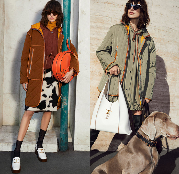 Tod's 2022 Pre-Fall Autumn Womens Lookbook Presentation - Gommino Studded Sole Elbow Patch Patchwork Denim Jeans Jacket Leather Quilted Puffer Suede Coat Zipper Pockets Cow Pattern Furry Skirt Knit Crochet Turtleneck Sweater Sunglasses Shades Tribal Weave Shawl Fringes Frayed Raw Hem Handbag Clutch Purse Hobo Bag Police Hat Loafers Wedge 