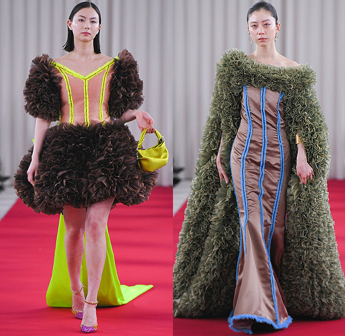 Tomo Koizumi 2022-2023 Fall Autumn Winter Womens Runway Looks - Rakuten Fashion Week Tokyo Japan - Sculpture Voluminous Ruffles Sheer Tulle Tiered Puff Ball Stripes Dress Gown Eveningwear Train Cape Cloak Silk Satin Strapless Open Shoulders Bedazzled Crystals Studs Decorated Mullet High-Low Hem Wide Leg Palazzo Pants Fishnet Mesh Boots