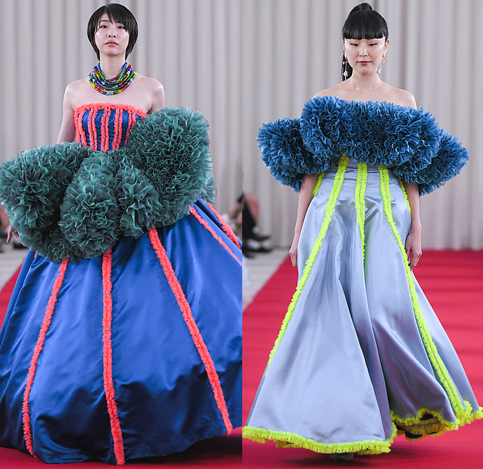 Tomo Koizumi 2022-2023 Fall Autumn Winter Womens Runway Looks - Rakuten Fashion Week Tokyo Japan - Sculpture Voluminous Ruffles Sheer Tulle Tiered Puff Ball Stripes Dress Gown Eveningwear Train Cape Cloak Silk Satin Strapless Open Shoulders Bedazzled Crystals Studs Decorated Mullet High-Low Hem Wide Leg Palazzo Pants Fishnet Mesh Boots