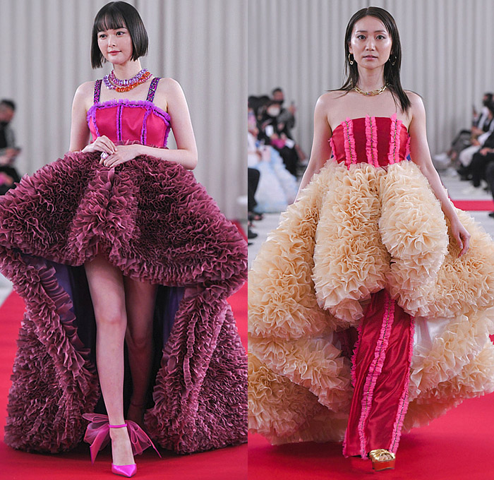 Tomo Koizumi 2022-2023 Fall Autumn Winter Womens Runway Looks - Rakuten Fashion Week Tokyo Japan - Sculpture Voluminous Ruffles Sheer Tulle Tiered Puff Ball Stripes Dress Gown Eveningwear Train Cape Cloak Silk Satin Strapless Open Shoulders Bedazzled Crystals Studs Decorated Mullet High-Low Hem Wide Leg Palazzo Pants Fishnet Mesh Boots