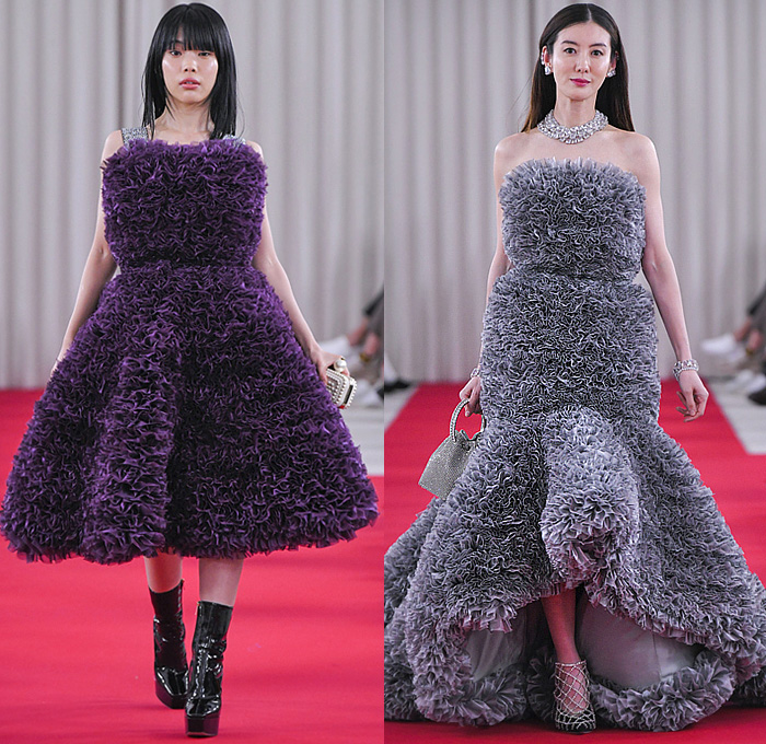 Tomo Koizumi 2022-2023 Fall Autumn Winter Womens Runway Looks - Rakuten Fashion Week Tokyo Japan - Sculpture Voluminous Ruffles Sheer Tulle Tiered Puff Ball Stripes Dress Gown Eveningwear Train Cape Cloak Silk Satin Strapless Open Shoulders Bedazzled Crystals Studs Decorated Mullet High-Low Hem Wide Leg Palazzo Pants Fishnet Mesh Boots