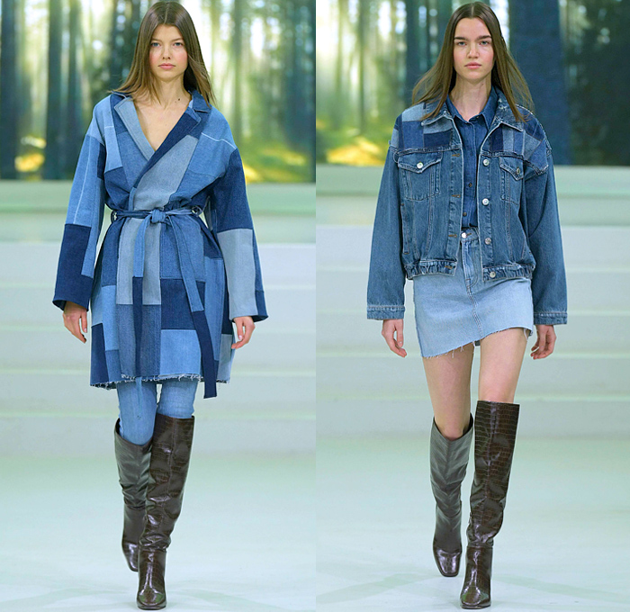 Tomorrow Denim 2022-2023 Fall Autumn Winter Womens Runway Looks - Copenhagen Fashion Week CPHFW Denmark - Portraits from the Battlefield - Denim Jeans Patchwork Robe Coat Trucker Jacket Miniskirt Wide Leg Baggy Loose Vest Leg O'Mutton Sleeves Cargo Pants Utility Pockets Geometric Rectangles Embroidery Western Rodeo Fringes Side Release Buckle Belt Pleats Military Officer Cadet Shirt Field Jacket Blazerdress Hanging Sleeve Boots