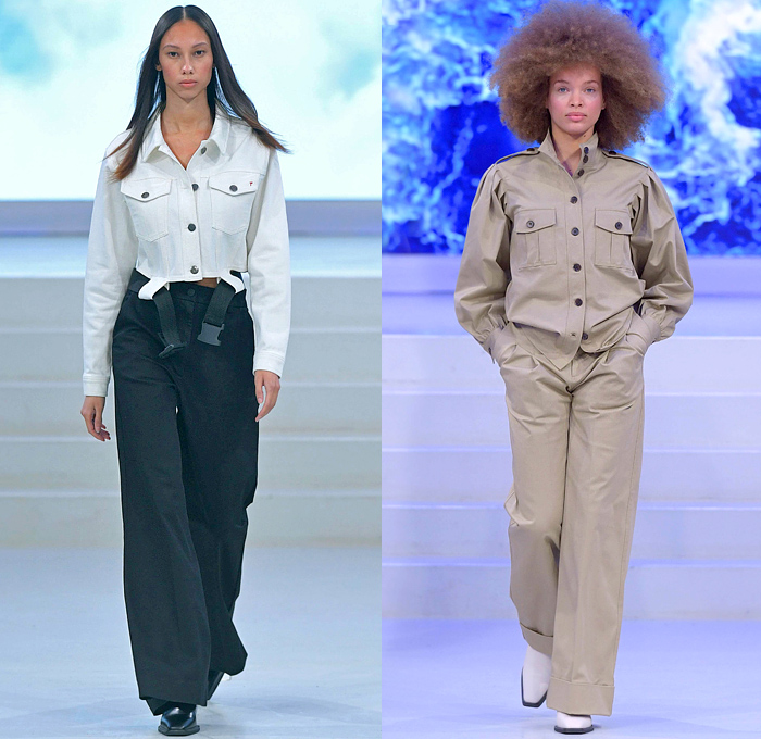 Tomorrow Denim 2022-2023 Fall Autumn Winter Womens Runway Looks - Copenhagen Fashion Week CPHFW Denmark - Portraits from the Battlefield - Denim Jeans Patchwork Robe Coat Trucker Jacket Miniskirt Wide Leg Baggy Loose Vest Leg O'Mutton Sleeves Cargo Pants Utility Pockets Geometric Rectangles Embroidery Western Rodeo Fringes Side Release Buckle Belt Pleats Military Officer Cadet Shirt Field Jacket Blazerdress Hanging Sleeve Boots