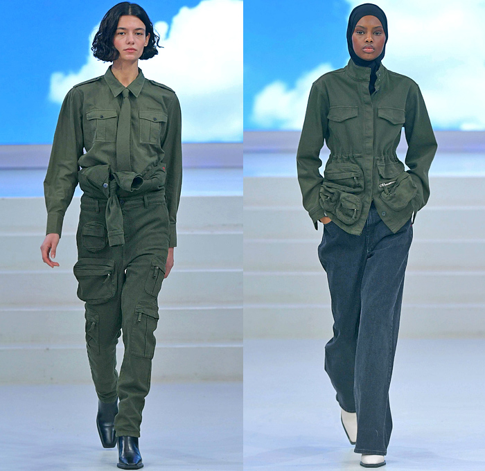 Tomorrow Denim 2022-2023 Fall Autumn Winter Womens Runway Looks - Copenhagen Fashion Week CPHFW Denmark - Portraits from the Battlefield - Denim Jeans Patchwork Robe Coat Trucker Jacket Miniskirt Wide Leg Baggy Loose Vest Leg O'Mutton Sleeves Cargo Pants Utility Pockets Geometric Rectangles Embroidery Western Rodeo Fringes Side Release Buckle Belt Pleats Military Officer Cadet Shirt Field Jacket Blazerdress Hanging Sleeve Boots