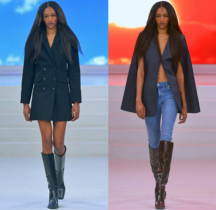 Tomorrow Denim 2022-2023 Fall Autumn Winter Womens Runway Looks - Copenhagen Fashion Week CPHFW Denmark - Portraits from the Battlefield - Denim Jeans Patchwork Robe Coat Trucker Jacket Miniskirt Wide Leg Baggy Loose Vest Leg O'Mutton Sleeves Cargo Pants Utility Pockets Geometric Rectangles Embroidery Western Rodeo Fringes Side Release Buckle Belt Pleats Military Officer Cadet Shirt Field Jacket Blazerdress Hanging Sleeve Boots