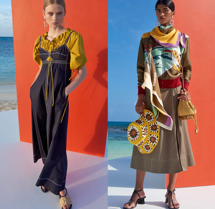 Tory Burch 2022 Pre-Fall Autumn Womens Lookbook Presentation - American Sportswear Classics Cinch Drawstring Onesie Coveralls Jumpsuit Wide Leg Contrast Stitching Flowers Floral Prairie Dress Scarf Bomber Jacket Swimming Pool Pool Albatross Wrap Shapewear Corset Logo Holes Sweaterdress Stripes One Shoulder Ruffles Picnic Check Plaid Halterneck Arm Warmers Blouse 1960s Sixties Mod Wallpaper Midi Skirt Sandals Knit Crochet Bucket Hat Handbag Tote Basket Basketweave Fringes