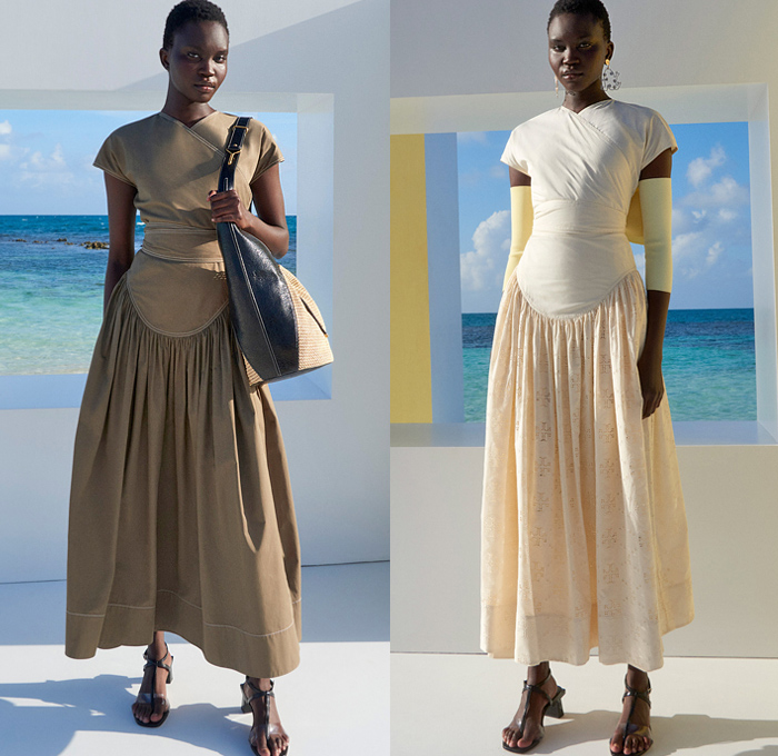 Tory Burch 2022 Pre-Fall Autumn Womens Lookbook Presentation - American Sportswear Classics Cinch Drawstring Onesie Coveralls Jumpsuit Wide Leg Contrast Stitching Flowers Floral Prairie Dress Scarf Bomber Jacket Swimming Pool Pool Albatross Wrap Shapewear Corset Logo Holes Sweaterdress Stripes One Shoulder Ruffles Picnic Check Plaid Halterneck Arm Warmers Blouse 1960s Sixties Mod Wallpaper Midi Skirt Sandals Knit Crochet Bucket Hat Handbag Tote Basket Basketweave Fringes