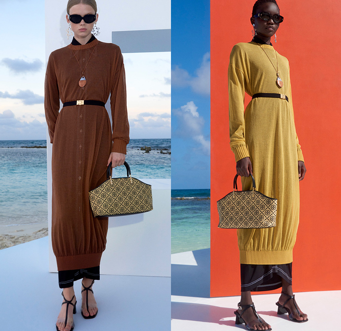 Tory Burch 2022 Pre-Fall Autumn Womens Lookbook Presentation - American Sportswear Classics Cinch Drawstring Onesie Coveralls Jumpsuit Wide Leg Contrast Stitching Flowers Floral Prairie Dress Scarf Bomber Jacket Swimming Pool Pool Albatross Wrap Shapewear Corset Logo Holes Sweaterdress Stripes One Shoulder Ruffles Picnic Check Plaid Halterneck Arm Warmers Blouse 1960s Sixties Mod Wallpaper Midi Skirt Sandals Knit Crochet Bucket Hat Handbag Tote Basket Basketweave Fringes