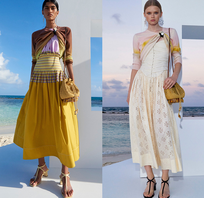 Tory Burch 2022 Pre-Fall Autumn Womens Lookbook Presentation - American Sportswear Classics Cinch Drawstring Onesie Coveralls Jumpsuit Wide Leg Contrast Stitching Flowers Floral Prairie Dress Scarf Bomber Jacket Swimming Pool Pool Albatross Wrap Shapewear Corset Logo Holes Sweaterdress Stripes One Shoulder Ruffles Picnic Check Plaid Halterneck Arm Warmers Blouse 1960s Sixties Mod Wallpaper Midi Skirt Sandals Knit Crochet Bucket Hat Handbag Tote Basket Basketweave Fringes