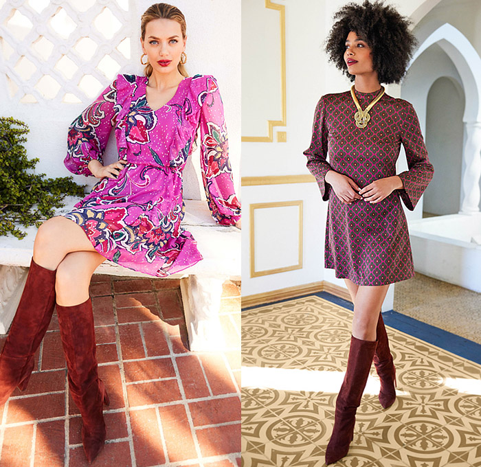 Trina Turk 2022-2023 Fall Autumn Winter Womens Lookbook Presentation - Los Angeles California - Jaipur India Caftan Madras Poncho Cloak Medallion Geometric Decorative Art Ornaments Rainbow Print Embroidery Head Scarf Dress Silk Satin Flowers Floral Feathers Halterneck Halter Top Blouse Handkerchief Hem Wide Leg Palazzo Pants One Shoulder Asymmetrical Suede Strapless Plaid Check Ruffles Knit Sweater Blazer Jacket Pantsuit Ombré Boots