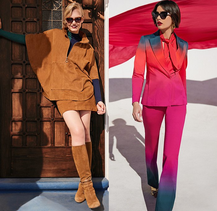 Trina Turk 2022-2023 Fall Autumn Winter Womens Lookbook Presentation - Los Angeles California - Jaipur India Caftan Madras Poncho Cloak Medallion Geometric Decorative Art Ornaments Rainbow Print Embroidery Head Scarf Dress Silk Satin Flowers Floral Feathers Halterneck Halter Top Blouse Handkerchief Hem Wide Leg Palazzo Pants One Shoulder Asymmetrical Suede Strapless Plaid Check Ruffles Knit Sweater Blazer Jacket Pantsuit Ombré Boots