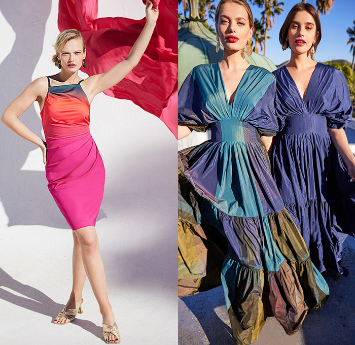 Trina Turk 2022-2023 Fall Autumn Winter Womens Lookbook Presentation - Los Angeles California - Jaipur India Caftan Madras Poncho Cloak Medallion Geometric Decorative Art Ornaments Rainbow Print Embroidery Head Scarf Dress Silk Satin Flowers Floral Feathers Halterneck Halter Top Blouse Handkerchief Hem Wide Leg Palazzo Pants One Shoulder Asymmetrical Suede Strapless Plaid Check Ruffles Knit Sweater Blazer Jacket Pantsuit Ombré Boots