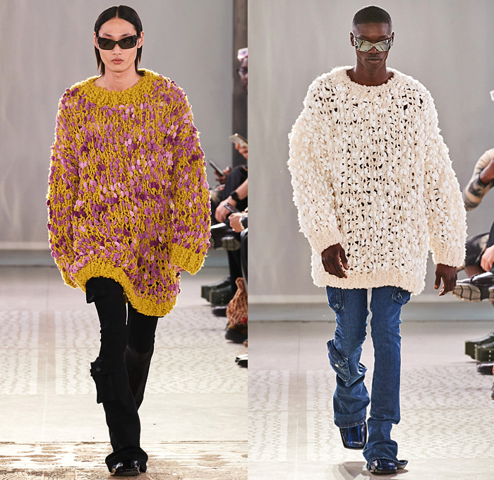 Trussardi 2022-2023 Fall Autumn Winter Mens Runway Looks - Milano Moda Donna Collezione Milan Fashion Week Italy - Chunky Knit Crochet Sweater Turtleneck Utility Pockets Cargo Pants Flare Denim Jeans Vest Pleats Quilted Puffer Outerwear Coat Oversized Hoodie Wide Lapel Suit Blazer Jacket Fur Shearling Velvet Zipper Wide Leg Baggy Loose Handbag