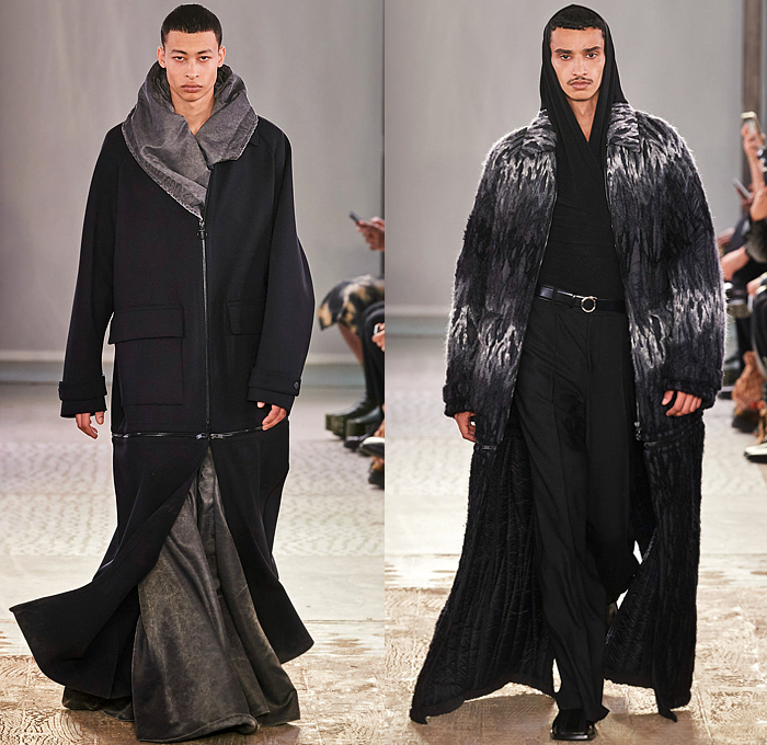 Trussardi 2022-2023 Fall Autumn Winter Mens Runway Looks - Milano Moda Donna Collezione Milan Fashion Week Italy - Chunky Knit Crochet Sweater Turtleneck Utility Pockets Cargo Pants Flare Denim Jeans Vest Pleats Quilted Puffer Outerwear Coat Oversized Hoodie Wide Lapel Suit Blazer Jacket Fur Shearling Velvet Zipper Wide Leg Baggy Loose Handbag